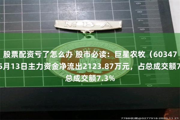 股票配资亏了怎么办 股市必读：巨星农牧（603477）5月13日主力资金净流出2123.87万元，占总成交额7.3%